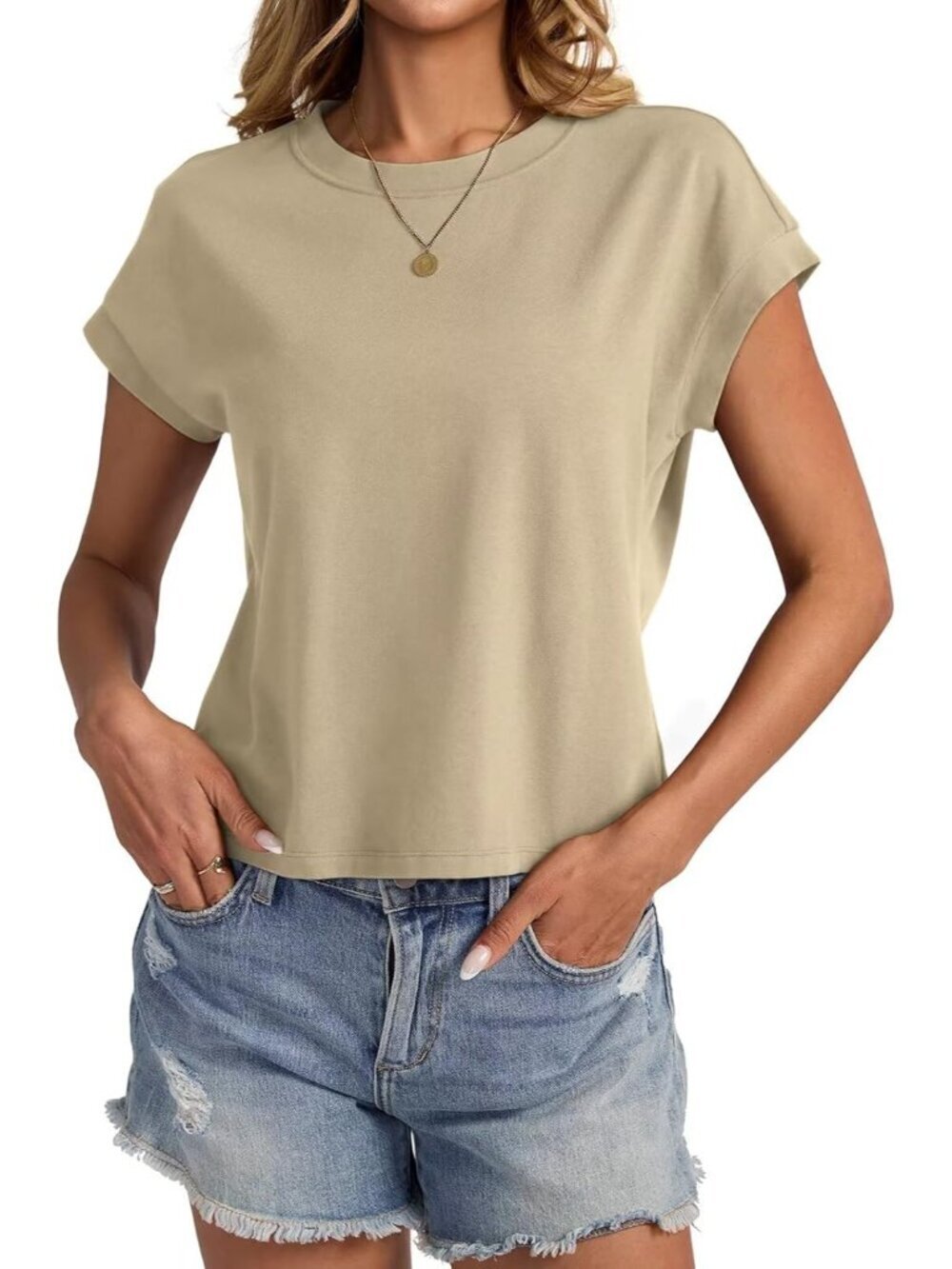 〽️Women's Khaki Cap Sleeve Crewneck Loose Fit Casual Summer Pull On Crop Tops